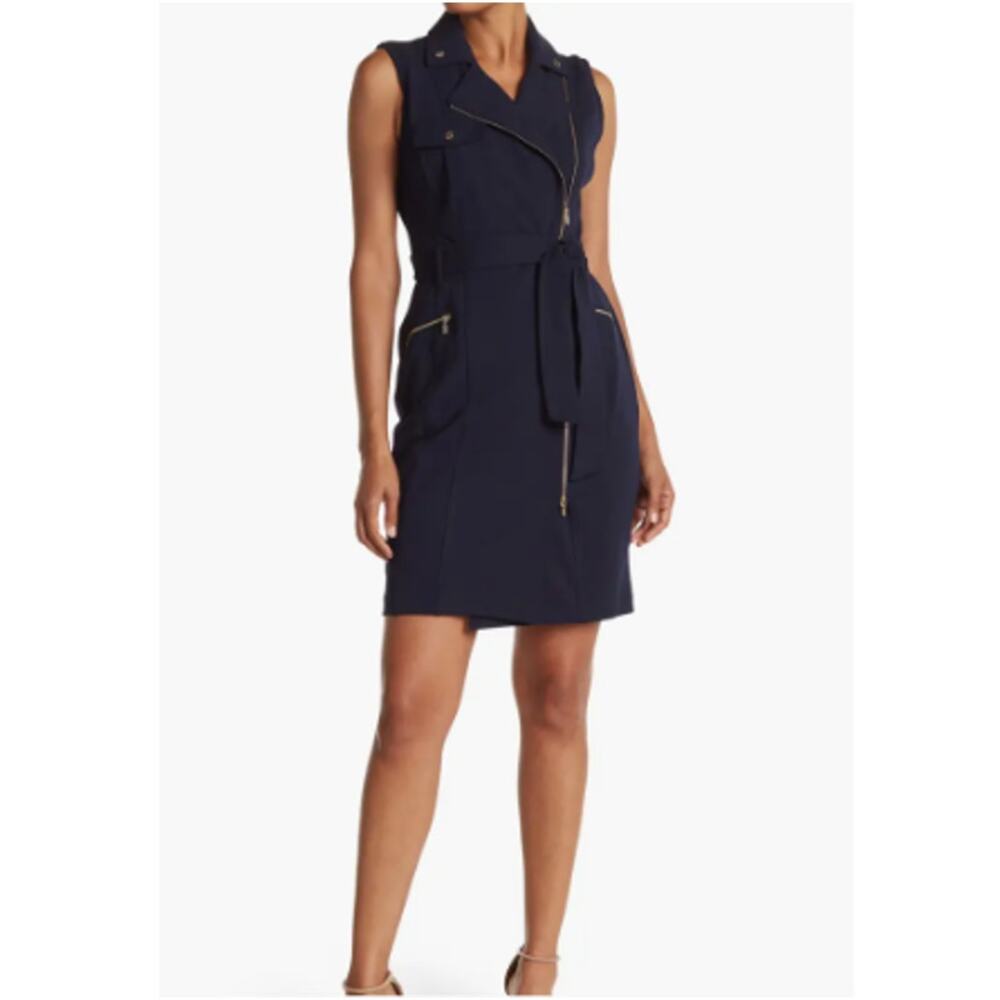 113 Calvin Klein Women's Moto Tank Dress Size 8 Indigo Sleeveless Collared NWT